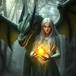 A majestic large dragon with green and black scales standing protectively behind an elven woman
