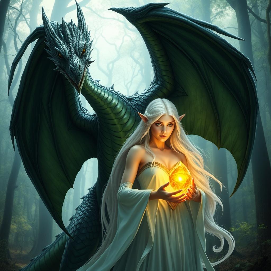 A majestic large dragon with green and black scales standing protectively behind an elven woman