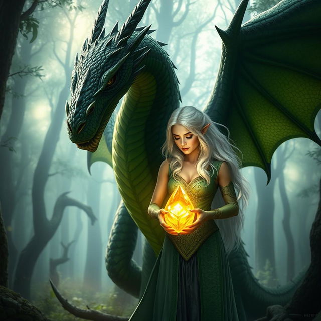 A majestic large dragon with green and black scales standing protectively behind an elven woman