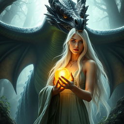 A large, menacing dragon with striking green and black scales looms ominously behind an elven woman