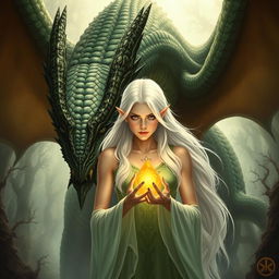 A large, menacing dragon with striking green and black scales looms ominously behind an elven woman
