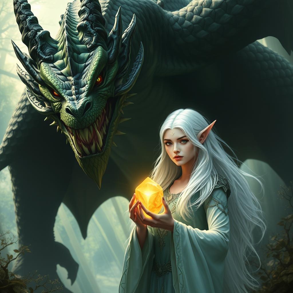 A large, menacing dragon with striking green and black scales looms ominously behind an elven woman