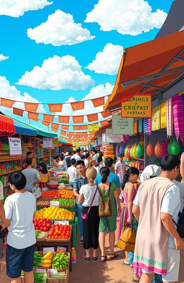 A lively marketplace filled with diverse vendors selling colorful goods such as fruits, vegetables, handmade crafts, and textiles