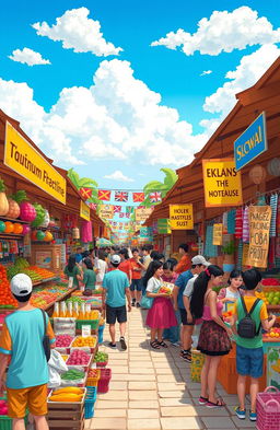 A lively marketplace filled with diverse vendors selling colorful goods such as fruits, vegetables, handmade crafts, and textiles
