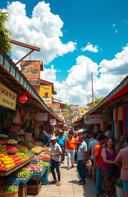 A lively marketplace filled with diverse vendors selling colorful goods such as fruits, vegetables, handmade crafts, and textiles