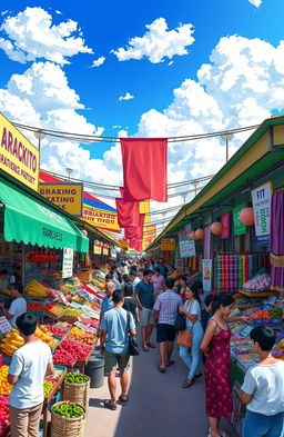 A lively marketplace filled with diverse vendors selling colorful goods such as fruits, vegetables, handmade crafts, and textiles