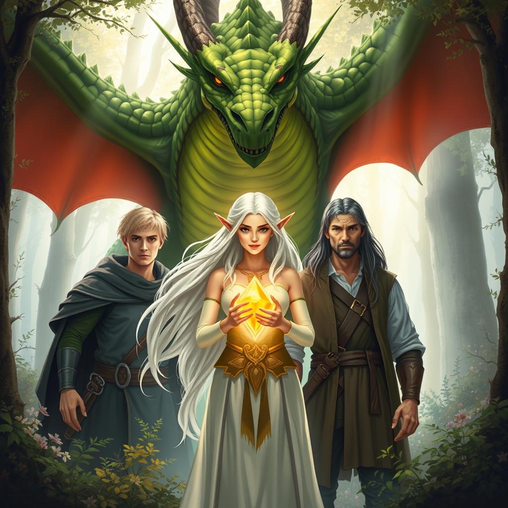 A large, menacing dragon with vibrant green and black scales looms behind an elven woman with flowing white hair