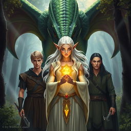A large, menacing dragon with vibrant green and black scales looms behind an elven woman with flowing white hair