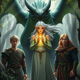 A large, menacing dragon with vibrant green and black scales looms behind an elven woman with flowing white hair