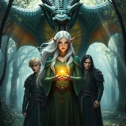 A large, menacing dragon with vibrant green and black scales looms behind an elven woman with flowing white hair