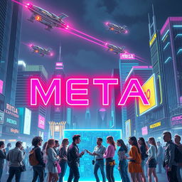 A futuristic cyberpunk cityscape at night, illuminated by vibrant neon lights, with the word 'META' prominently written in the center of the image