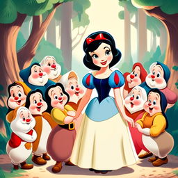 A vintage-style HD profile picture featuring Snow White in her iconic dress surrounded by the Seven Dwarves, each showcasing their unique characteristics against a pastel-colored enchanted forest backdrop.