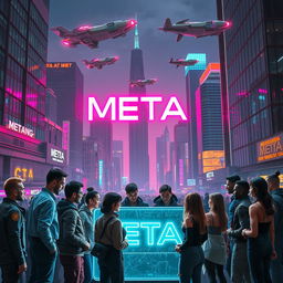 A futuristic cyberpunk cityscape at night, illuminated by vibrant neon lights, with the word 'META' prominently written in the center of the image