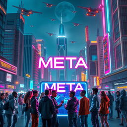 A futuristic cyberpunk cityscape at night, illuminated by vibrant neon lights, with the word 'META' prominently written in the center of the image