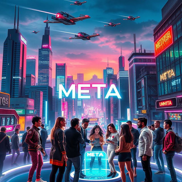 A futuristic cyberpunk cityscape at night, illuminated by vibrant neon lights, with the word 'META' prominently written in the center of the image