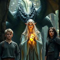 A big, menacing dragon with striking green and black scales towers behind an elven woman with long, flowing white hair