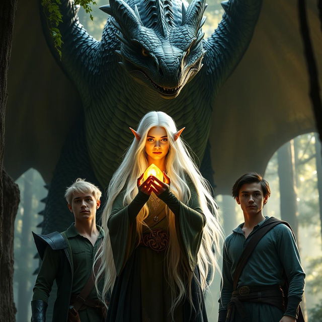 A big, menacing dragon with striking green and black scales towers behind an elven woman with long, flowing white hair