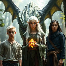 A big, menacing dragon with striking green and black scales towers behind an elven woman with long, flowing white hair
