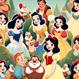 A vintage-style HD profile picture featuring Snow White in her iconic dress surrounded by the Seven Dwarves, each showcasing their unique characteristics against a pastel-colored enchanted forest backdrop.