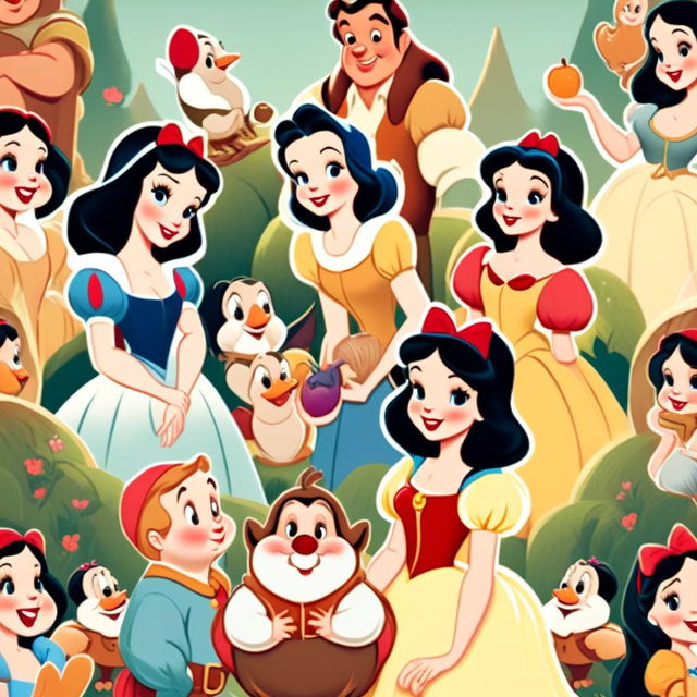 A vintage-style HD profile picture featuring Snow White in her iconic dress surrounded by the Seven Dwarves, each showcasing their unique characteristics against a pastel-colored enchanted forest backdrop.