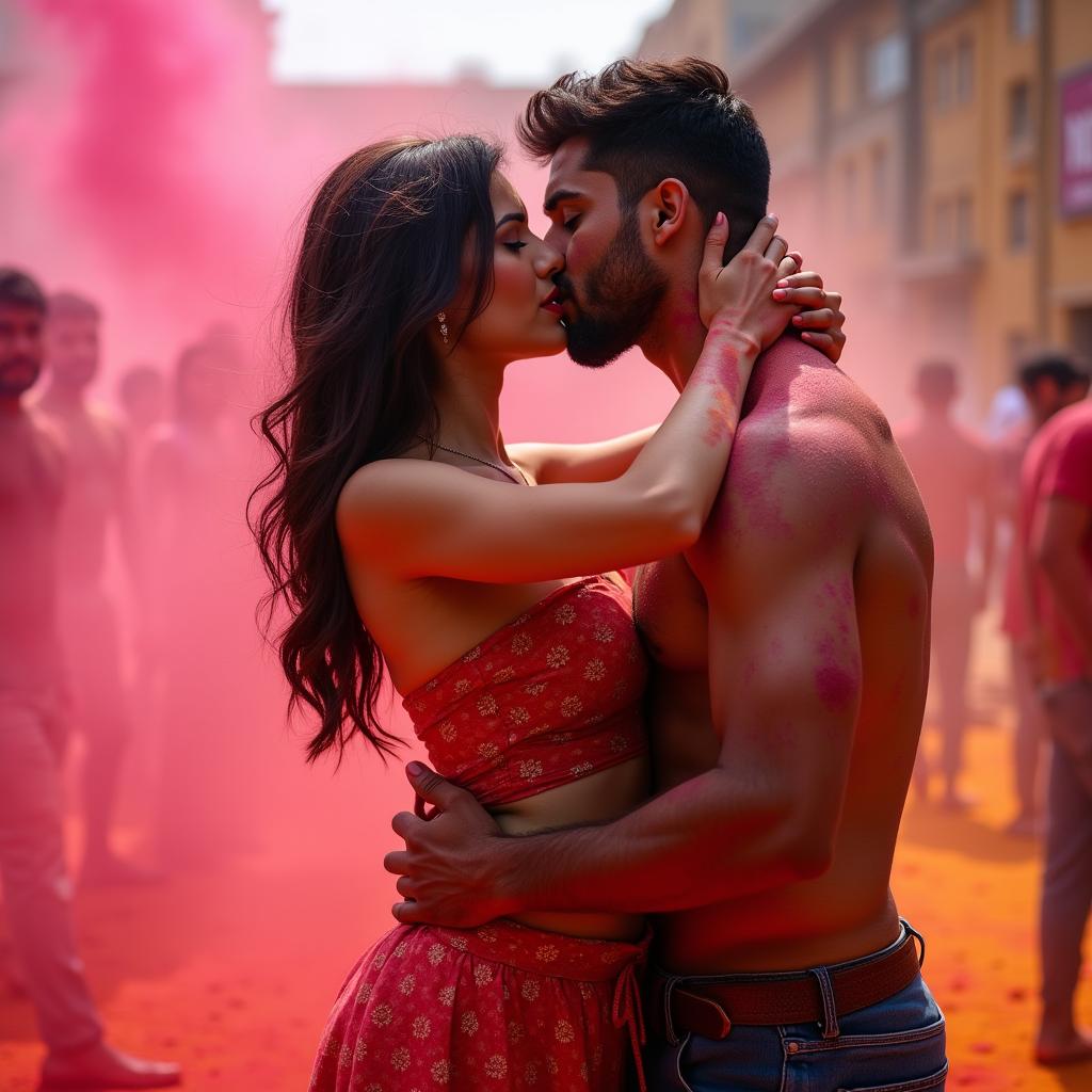 A seductive scene featuring a woman reminiscent of Nushrath Bharucha, wearing a short skirt and bold red lipstick, celebrating Holi