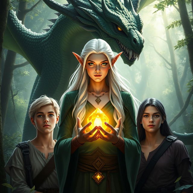 A colossal, menacing dragon with vivid green and black scales towers behind an elven woman with striking, long white hair