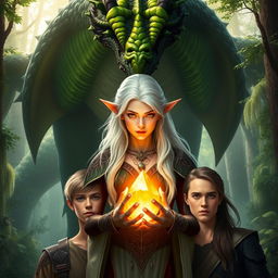 A colossal, menacing dragon with vivid green and black scales towers behind an elven woman with striking, long white hair