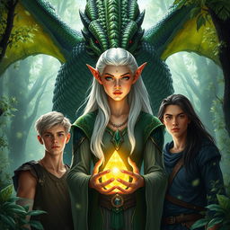 A colossal, menacing dragon with vivid green and black scales towers behind an elven woman with striking, long white hair
