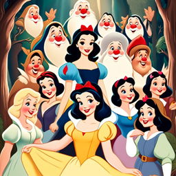 A vintage-style HD profile picture featuring Snow White in her iconic dress surrounded by the Seven Dwarves, each showcasing their unique characteristics against a pastel-colored enchanted forest backdrop.