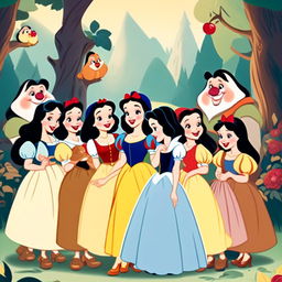 A vintage-style HD profile picture featuring Snow White in her iconic dress surrounded by the Seven Dwarves, each showcasing their unique characteristics against a pastel-colored enchanted forest backdrop.