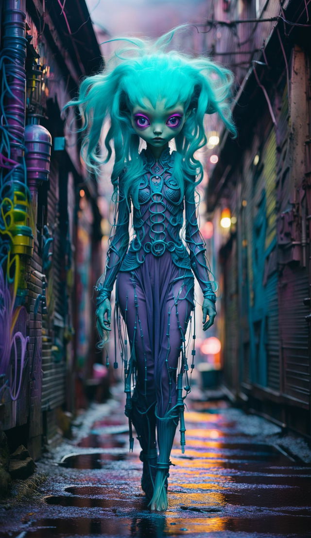 High-resolution photograph of an alien with cyan skin, large eyes with symmetrical detailed pink irises, long dark eyelashes, and a neon purple wig, walking through a cyber-punk alleyway. Captured with a Canon EOS 5DS and an 85mm f/1.2 lens.