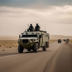 One state-of-the-art armored military vehicle leading a procession, followed by six kidnappers decked in skeleton face masks and normal bullet-proof vests. They move along a solitary one-lane freeway, void of other vehicles, under the stark light of day.