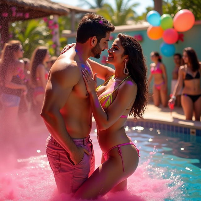 A seductive scene featuring Nushrath Bharucha at a vibrant pool party during Holi