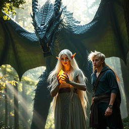 A colossal, menacing dragon with striking green and black scales towers ominously behind an elven woman