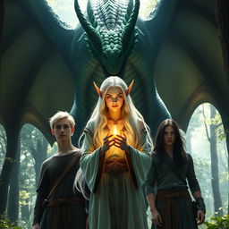 A colossal, menacing dragon with striking green and black scales towers ominously behind an elven woman