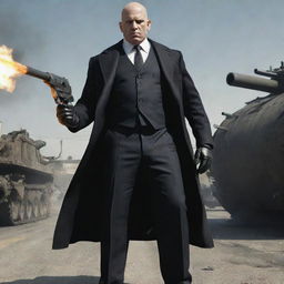 An intimidating portrayal of a bald villain decked out in mafia clothes, fully armed with assorted firearms. A large tank cannon emerges from his back, enhancing the menace of his presence.