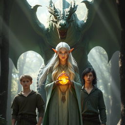 A colossal, menacing dragon with striking green and black scales towers ominously behind an elven woman