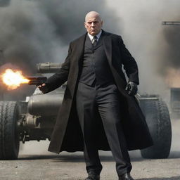 An intimidating portrayal of a bald villain decked out in mafia clothes, fully armed with assorted firearms. A large tank cannon emerges from his back, enhancing the menace of his presence.