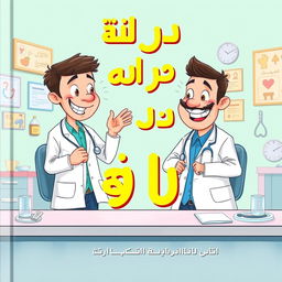 An illustrated cover for a humorous story featuring two doctors, one named Muk and the other Mikha, engaged in playful pranks on each other in a health clinic setting