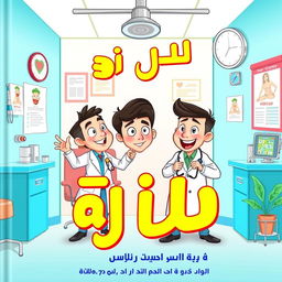 An illustrated cover for a humorous story featuring two doctors, one named Muk and the other Mikha, engaged in playful pranks on each other in a health clinic setting