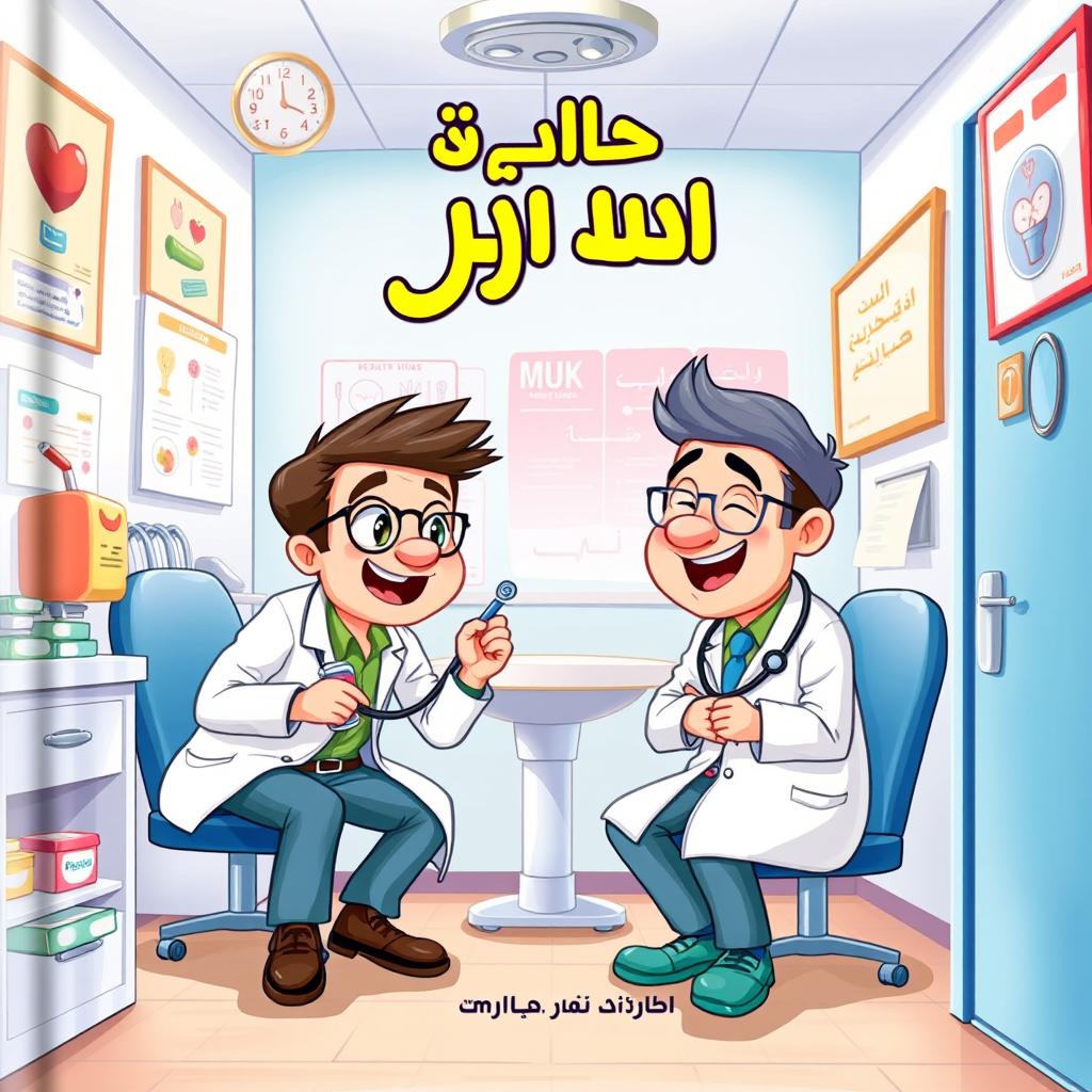 An illustrated cover for a humorous story featuring two doctors, one named Muk and the other Mikha, engaged in playful pranks on each other in a health clinic setting