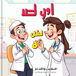 An illustrated cover for a humorous story featuring two doctors, one named Muk and the other Mikha, engaged in playful pranks on each other in a health clinic setting