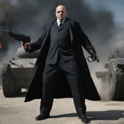 An intimidating portrayal of a bald villain decked out in mafia clothes, fully armed with assorted firearms. A large tank cannon emerges from his back, enhancing the menace of his presence.