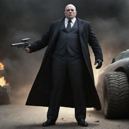 An intimidating portrayal of a bald villain decked out in mafia clothes, fully armed with assorted firearms. A large tank cannon emerges from his back, enhancing the menace of his presence.