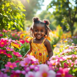 A serene setting in a lush garden, with vibrant flowers surrounding a beautiful landscape