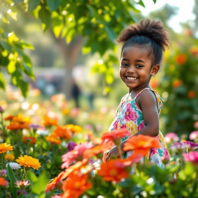 A serene setting in a lush garden, with vibrant flowers surrounding a beautiful landscape