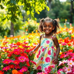 A serene setting in a lush garden, with vibrant flowers surrounding a beautiful landscape