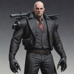 A detailed illustration of a bald villain with an arsenal of firearms and a tank cannon on his back. His half-robotic body is concealed beneath classy mafia clothes, creating a unique and intimidating character.