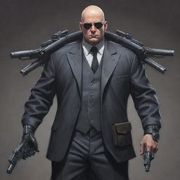 A detailed illustration of a bald villain with an arsenal of firearms and a tank cannon on his back. His half-robotic body is concealed beneath classy mafia clothes, creating a unique and intimidating character.