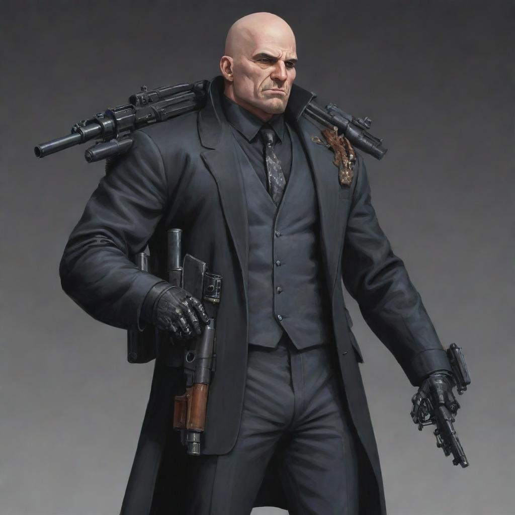 A detailed illustration of a bald villain with an arsenal of firearms and a tank cannon on his back. His half-robotic body is concealed beneath classy mafia clothes, creating a unique and intimidating character.